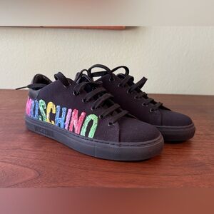 Moschino Couture Logo Sneakers 6.5 Black Multi Leather Trim Low Top Italy